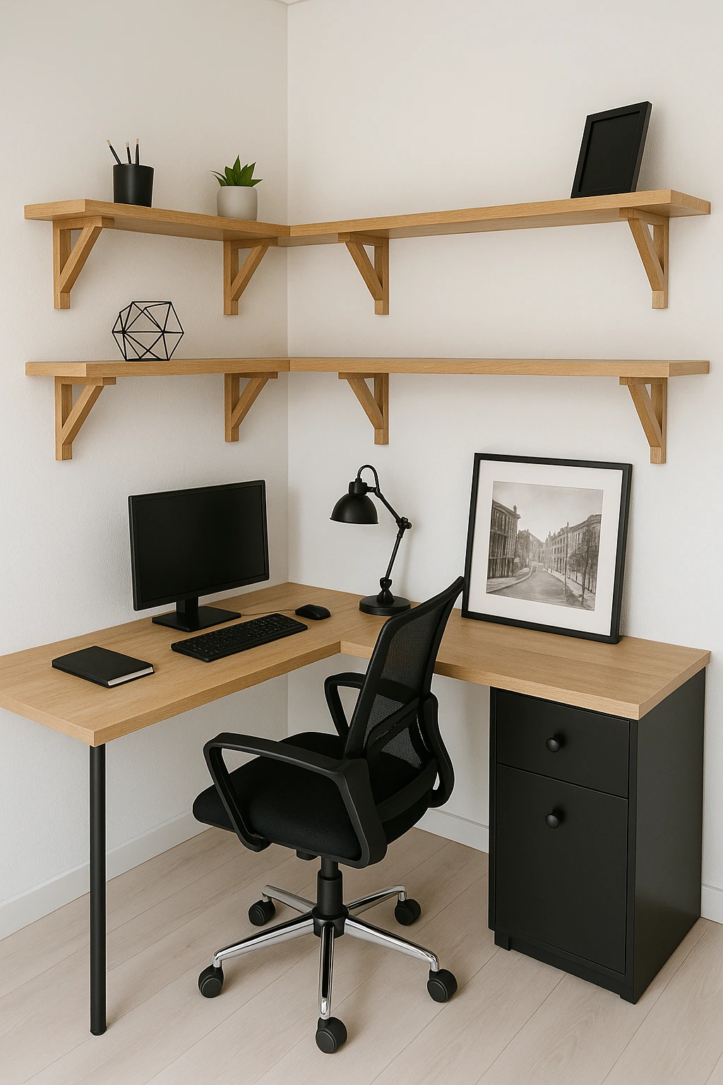 small home office ideas with l-shaped desk and stacked shelves