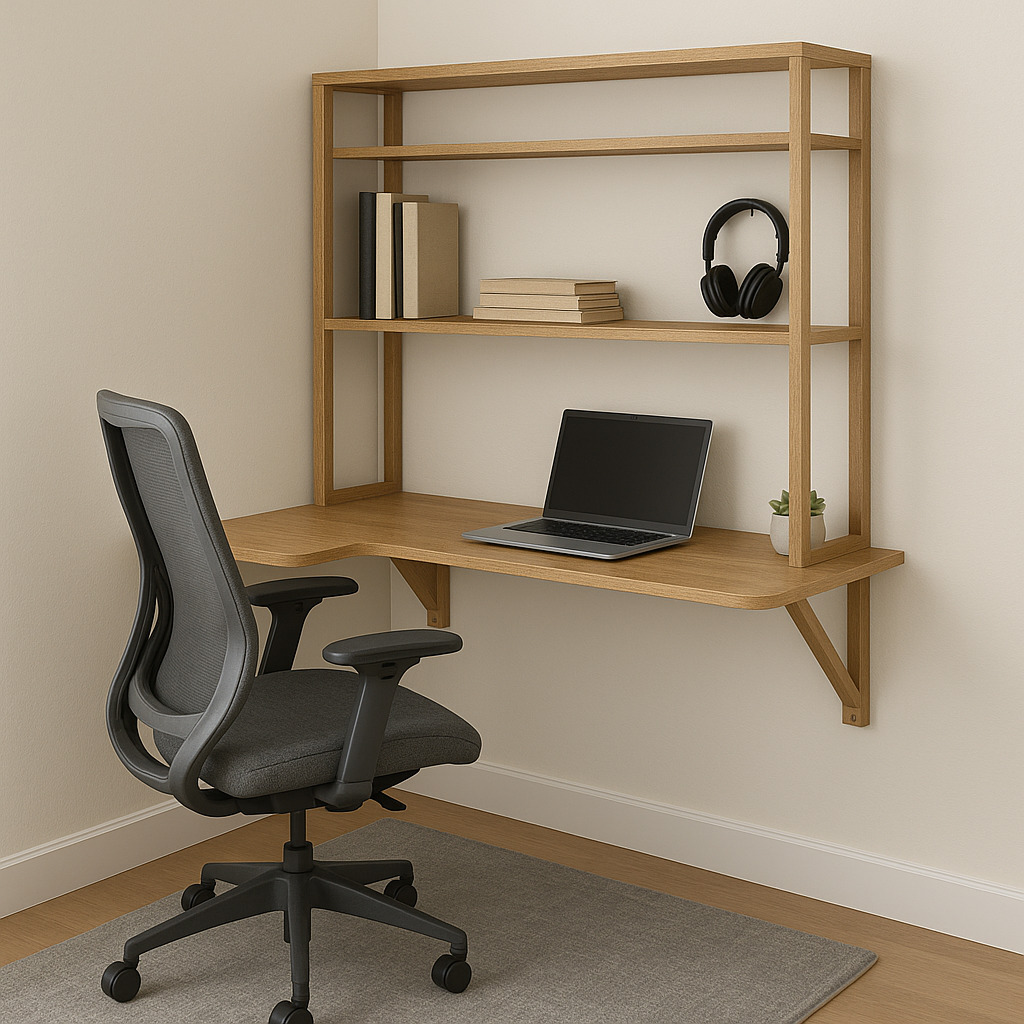 Wall mounted L-shaped desk with hutch