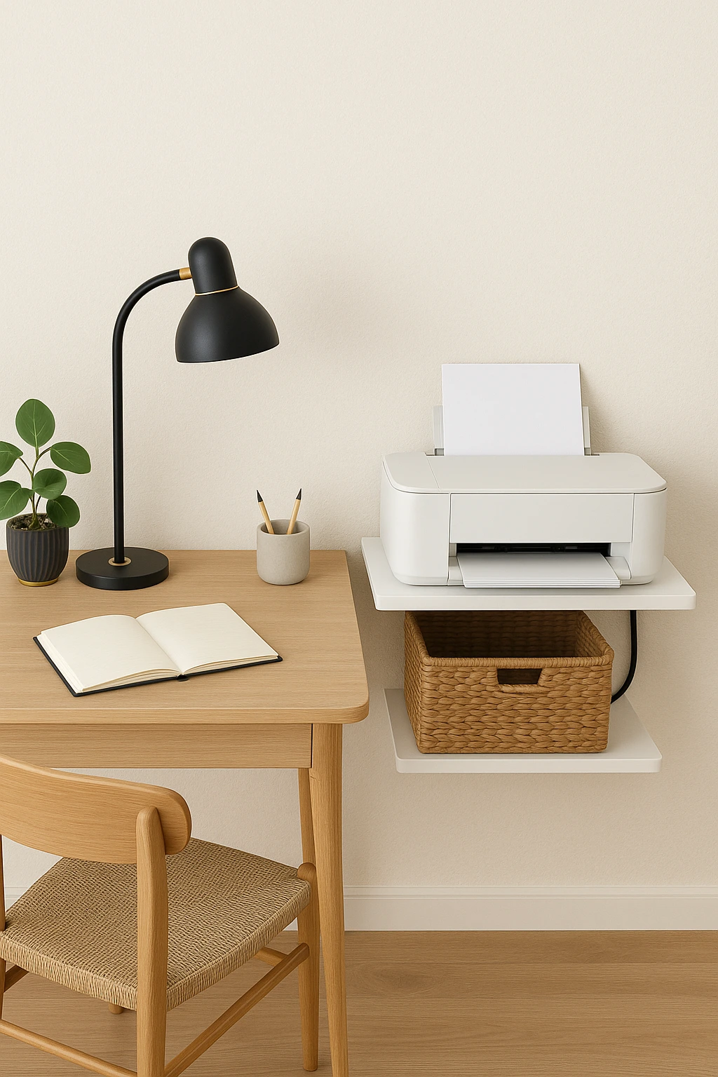 Small Home Office Ideas with Tiny Desk And Printer Footprint