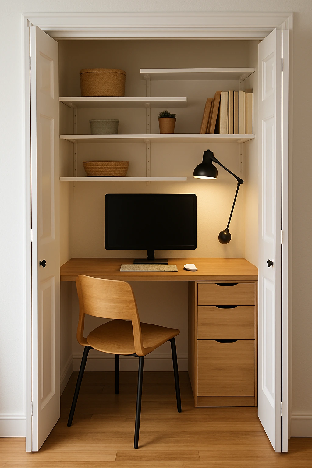 cloffice with desk lamp small home office ideas